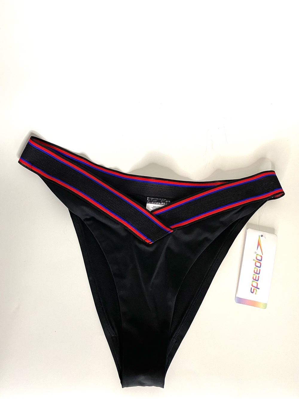 Speedo NWT FLU3NTE V Scoop Bikini Bottom Black High Cut Logo Elastic
